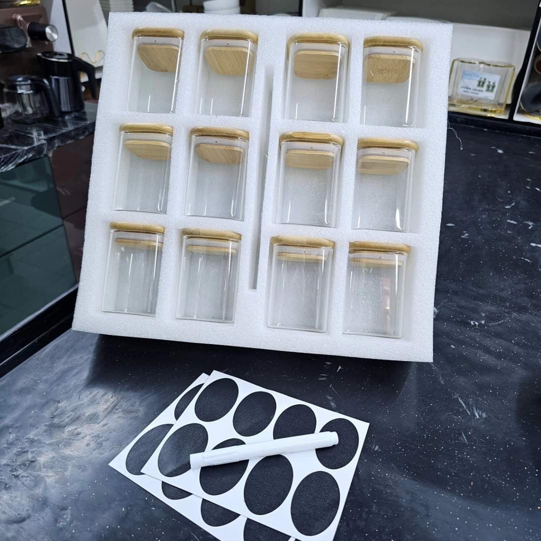 12pcs Square Glass spice jar set