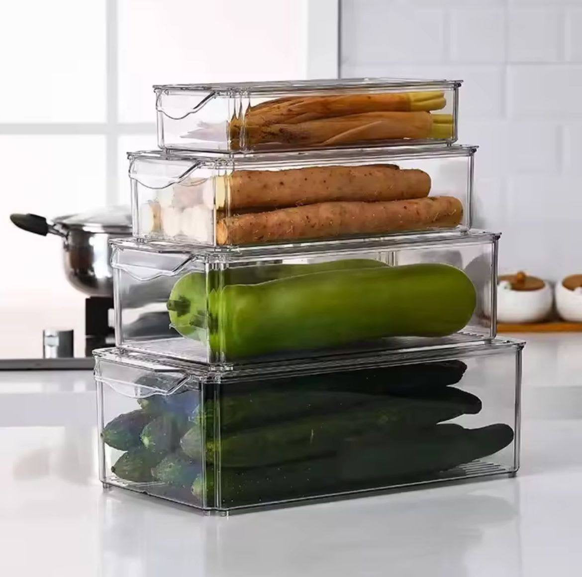4 pcs Big capacity BPA-Free Stackable acrylic Fridge Organizer Bins with Lids