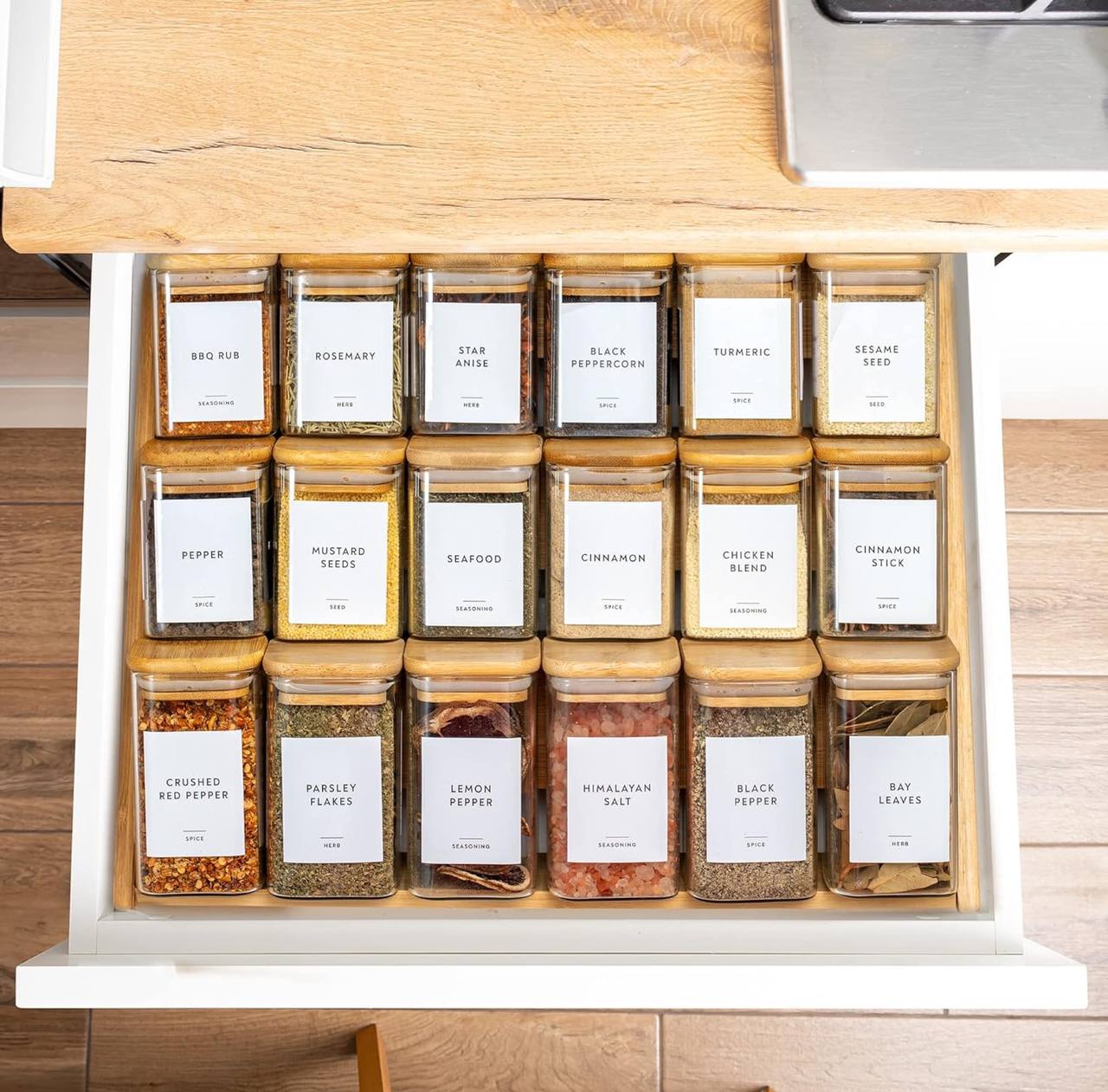 3 Tier bamboo spice Rack with 12 spice jars