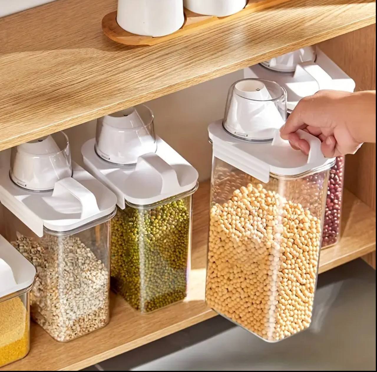 Storage containers with measuring cup