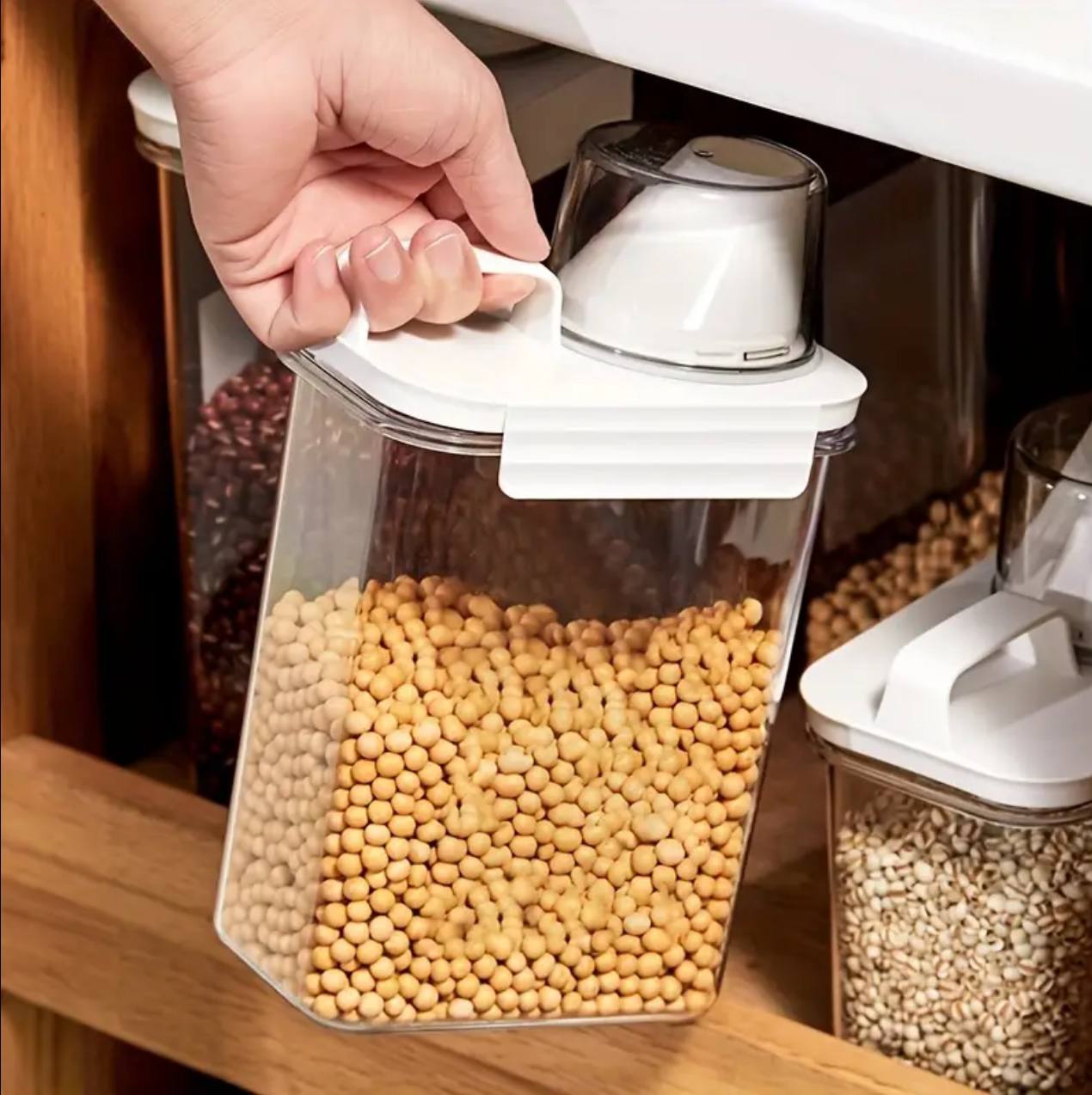 Storage containers with measuring cup