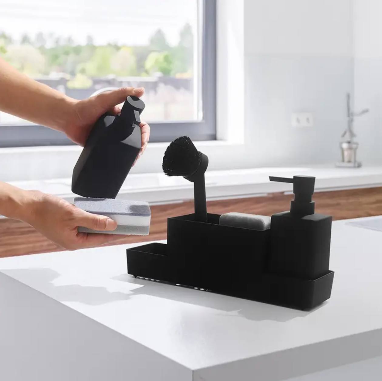 Matte black kitchen soap dispenser with sponge holder set