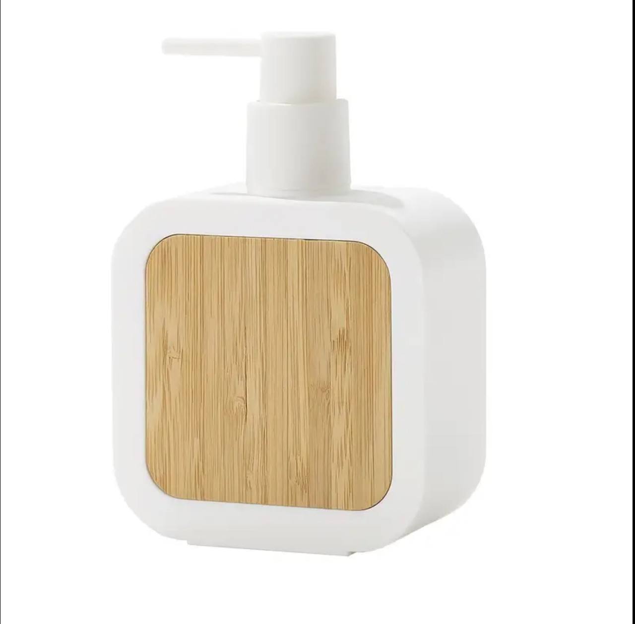 Square plastic soap dispenser with bamboo accent pump.