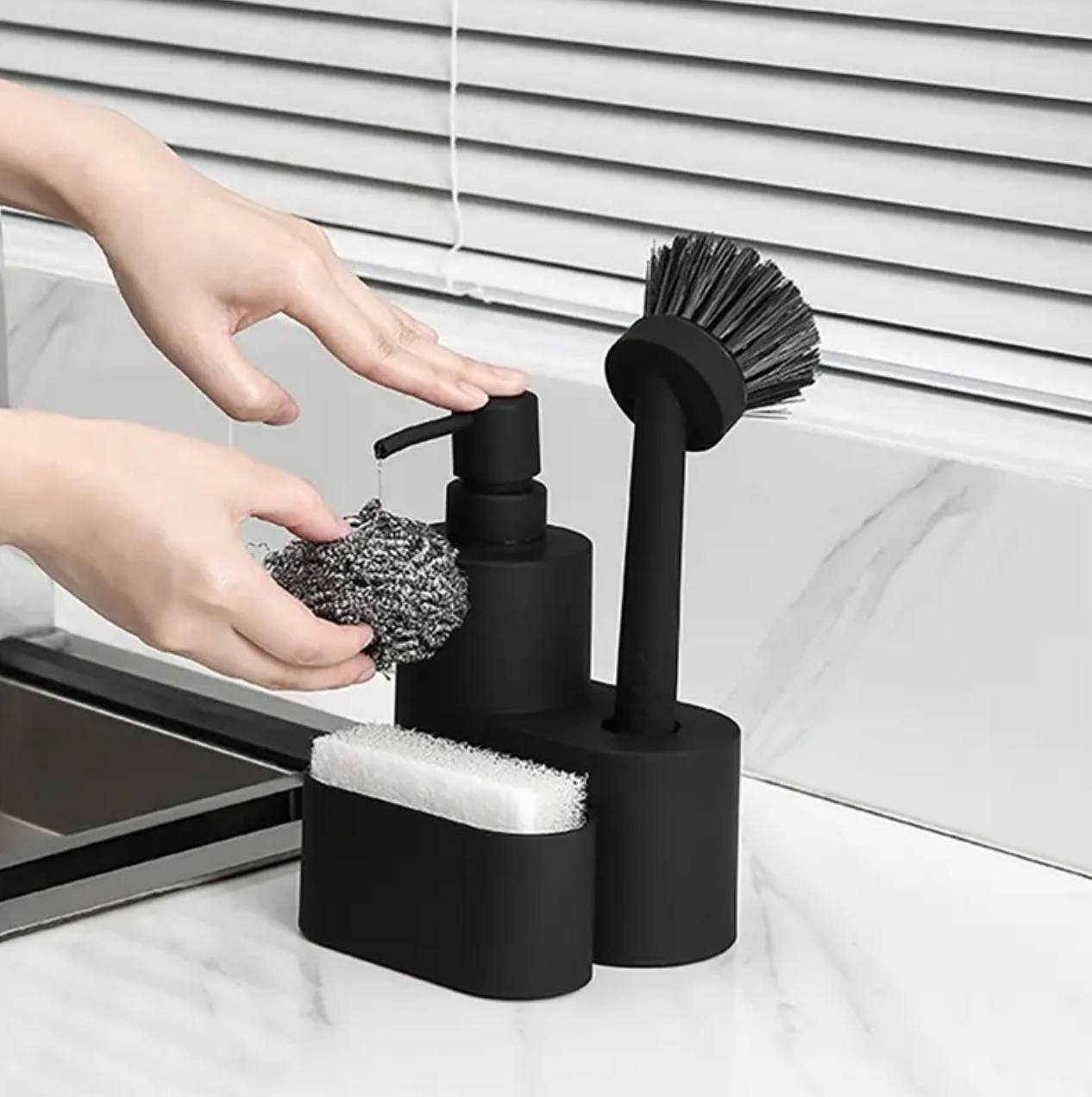 Kitchen soap dispenser 3 in 1 with dish washing brush and sponge holder set.