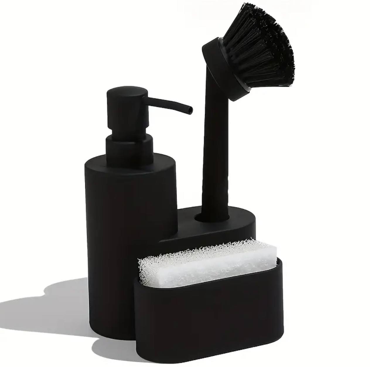 Kitchen soap dispenser 3 in 1 with dish washing brush and sponge holder set.