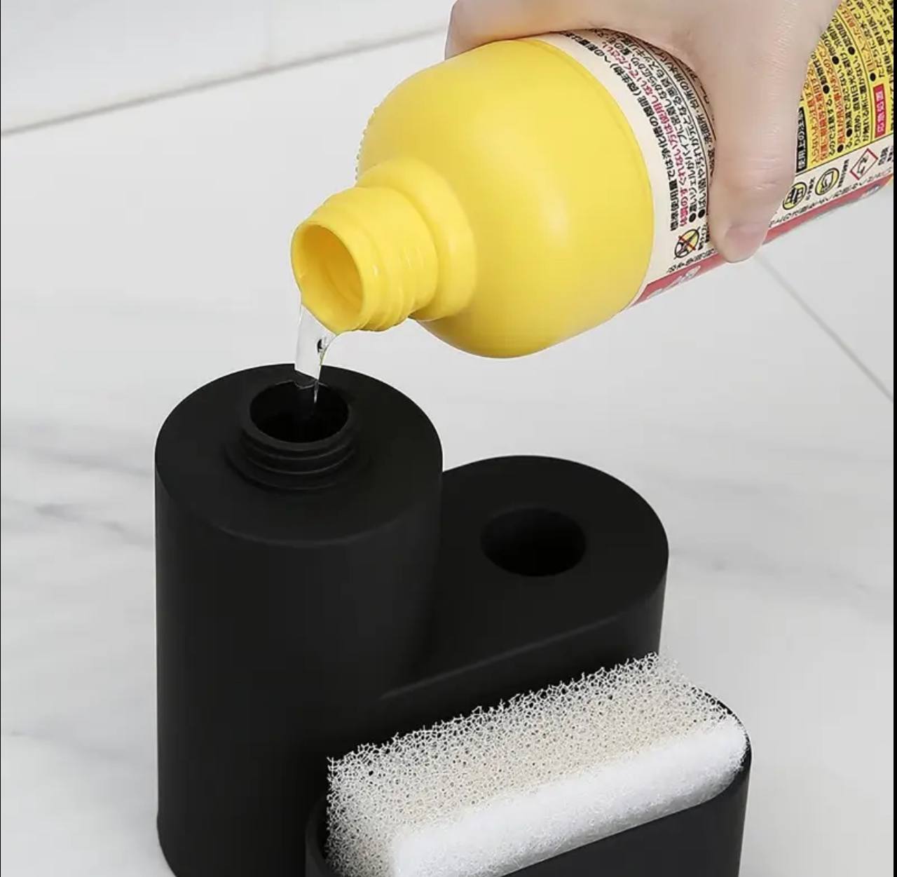 Kitchen soap dispenser 3 in 1 with dish washing brush and sponge holder set.