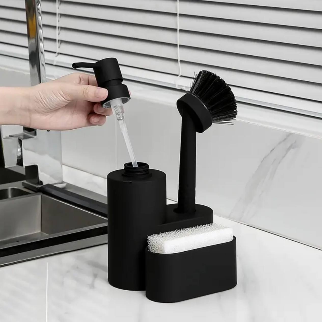Kitchen soap dispenser 3 in 1 with dish washing brush and sponge holder set.