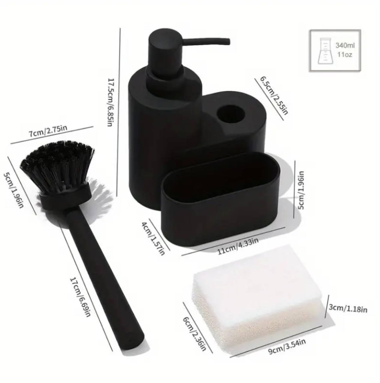 Kitchen soap dispenser 3 in 1 with dish washing brush and sponge holder set.