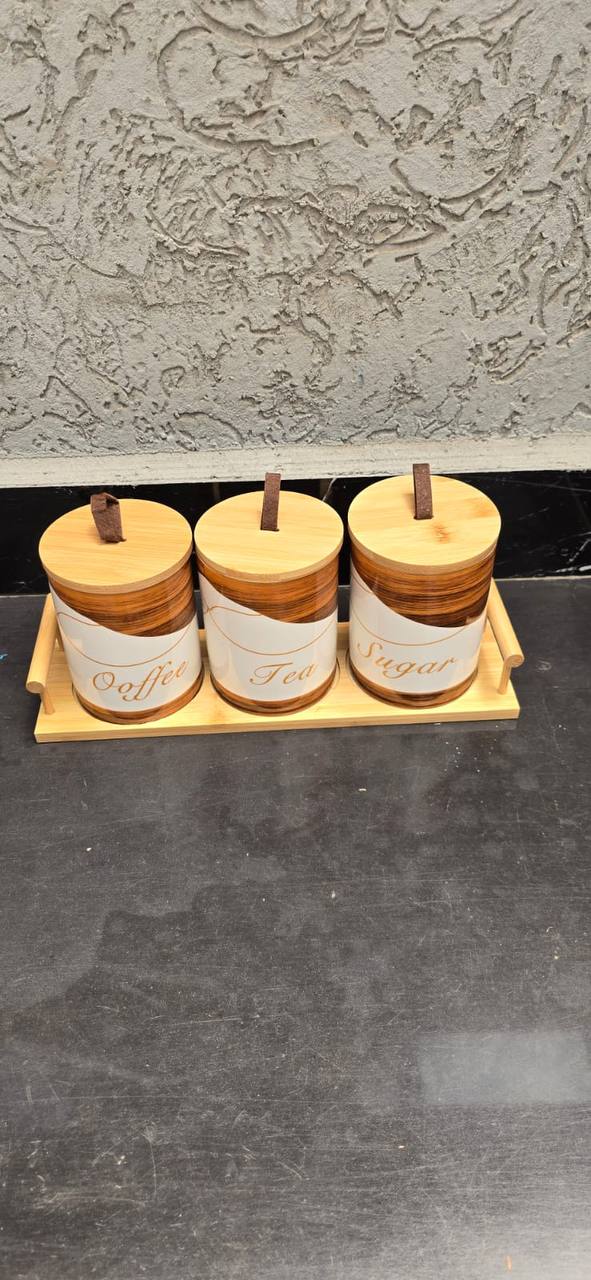 3pcs Ceramic Canisters Set  with Bamboo Stand
