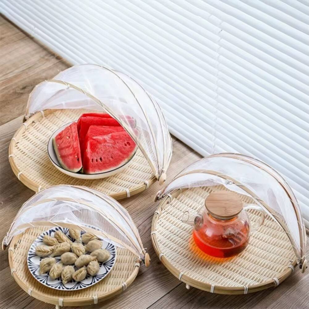 Handmade Bamboo Woven Bug Proof Wicker Basket, Dustproof Picnic Fruit/ Vegetable Tray. Storage Basket