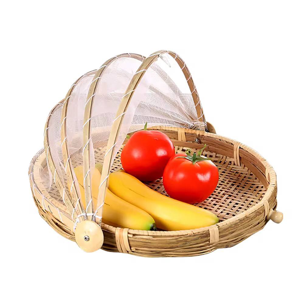 Handmade Bamboo Woven Bug Proof Wicker Basket, Dustproof Picnic Fruit/ Vegetable Tray. Storage Basket