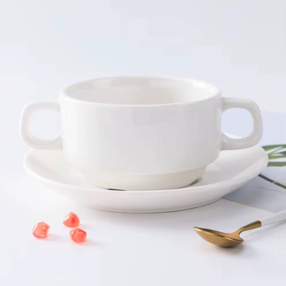 Bowl with 2 handles and saucer