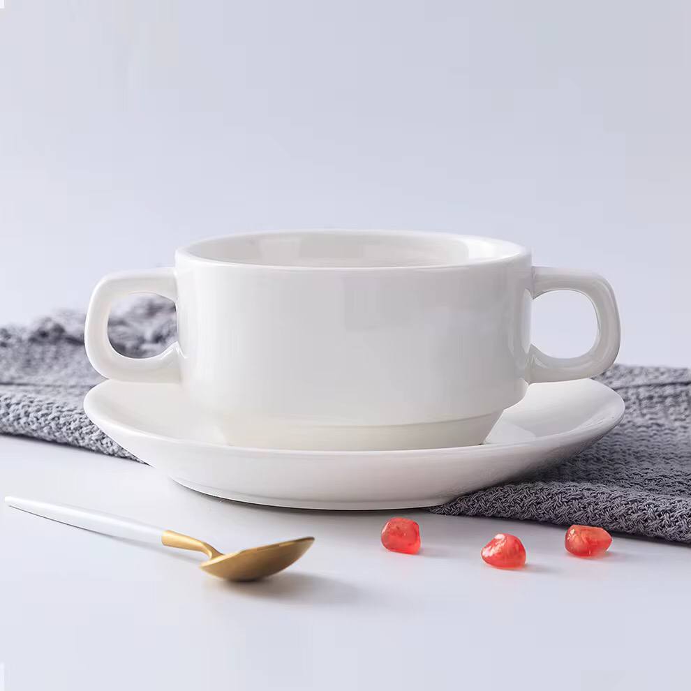 Bowl with 2 handles and saucer