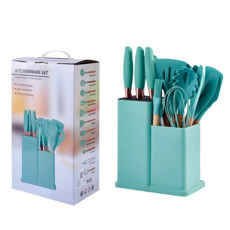 Quality 19pcs silicone cooking spoons, knifes, chopping board and  holder