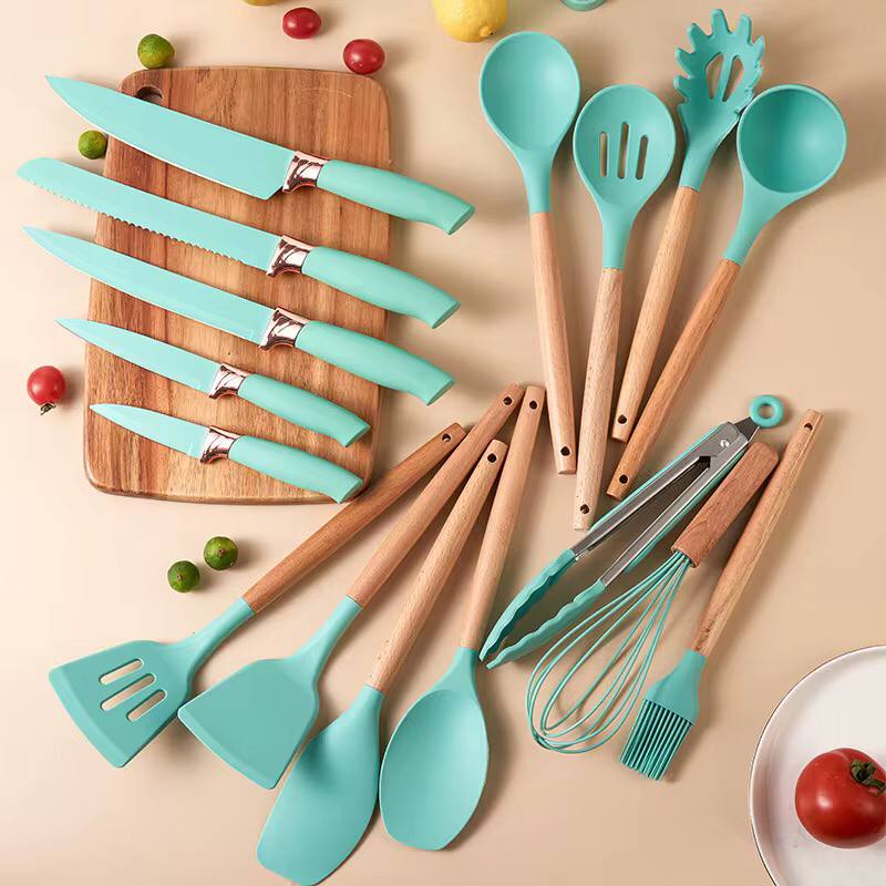 Quality 19pcs silicone cooking spoons, knifes, chopping board and  holder