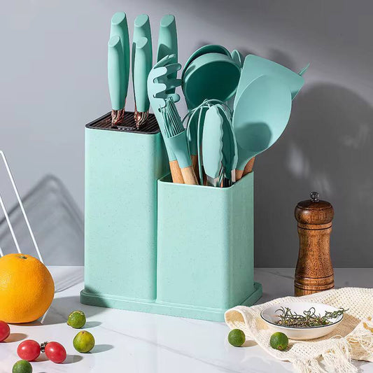 Quality 19pcs silicone cooking spoons, knifes, chopping board and  holder