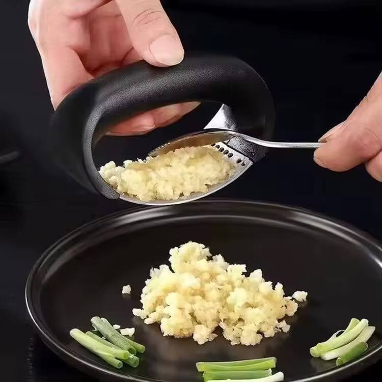Stainless steel garlic press crusher.