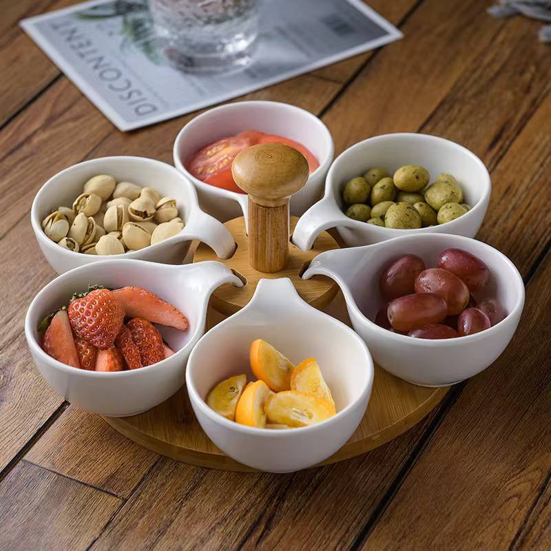6pcs ceramic sauce bowls set with Rotary Bamboo Stand