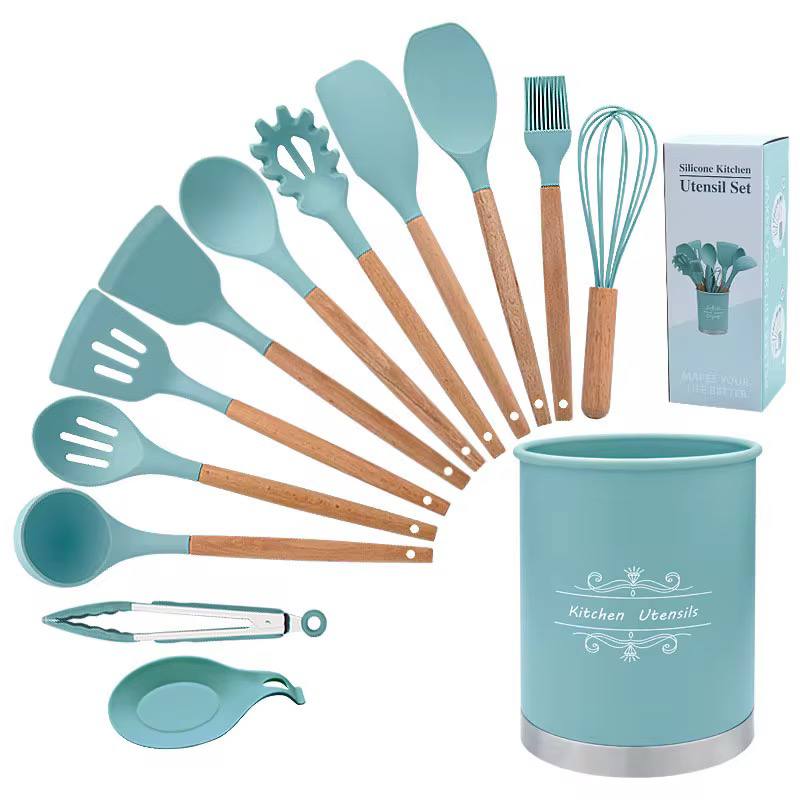 Best quality 13pcs silicone spoons set with steel base and spoon rest