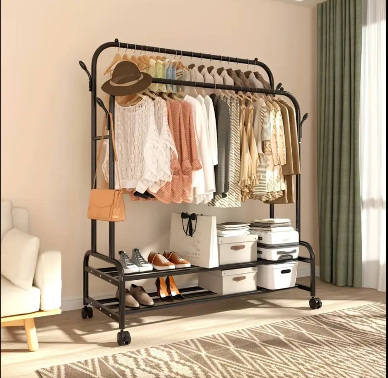 Modern Double-pole Clothing Rack with Storage Shelves/shoe rack