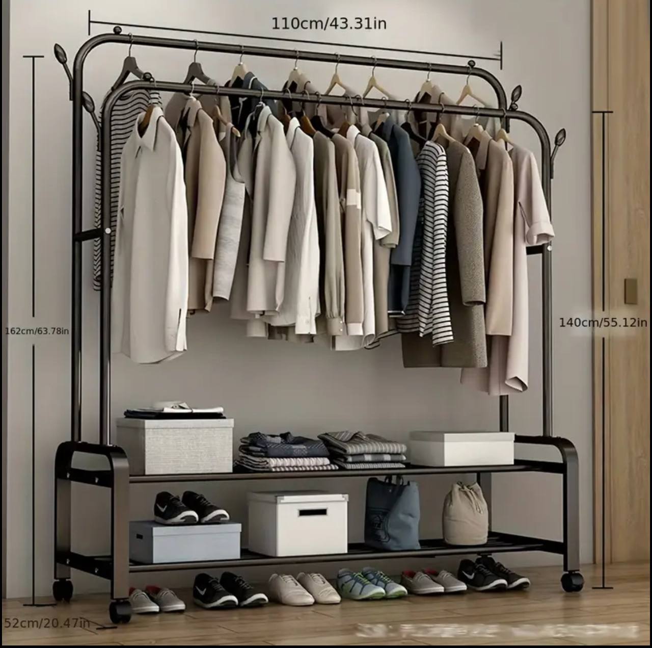Modern Double-pole Clothing Rack with Storage Shelves/shoe rack