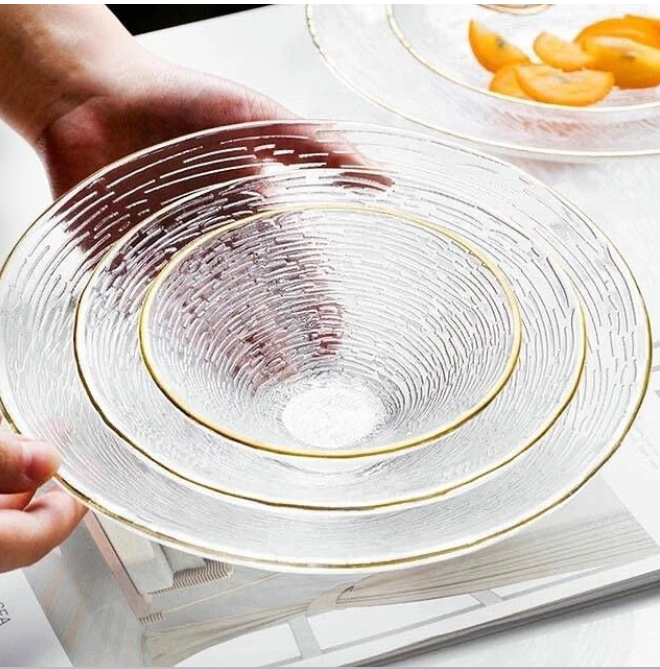 3pc set Transparent Glass Plate Golden Edge Fruit Salad Dessert Breakfast Bowl