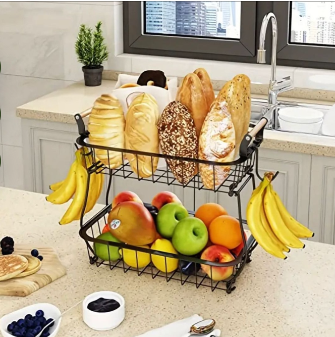2 tier detachable Nordic metallic fruit/vegetable basket/rack with wooden handles and banana holder