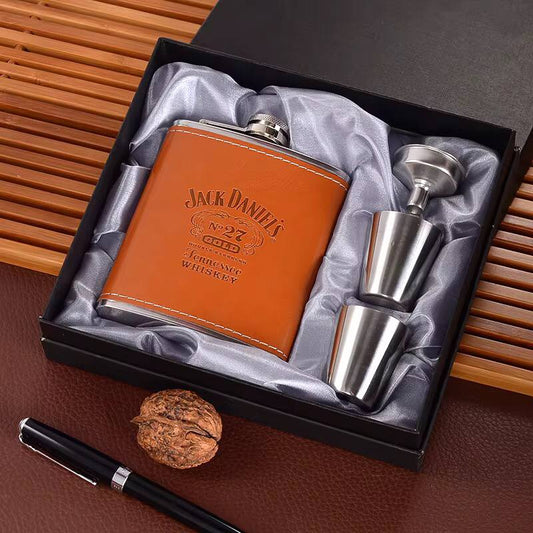 Jack Daniel's Branded Whiskey flask with two stainless steel tot glasses