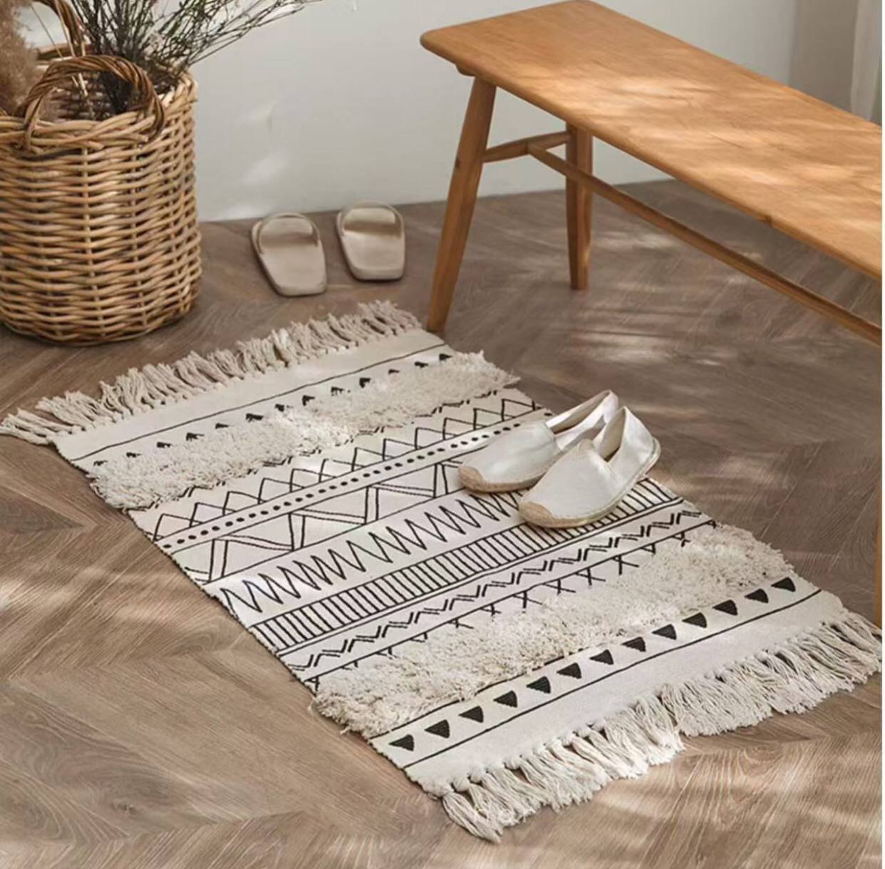 Bohemian Nordic style bedroom rug with tassels