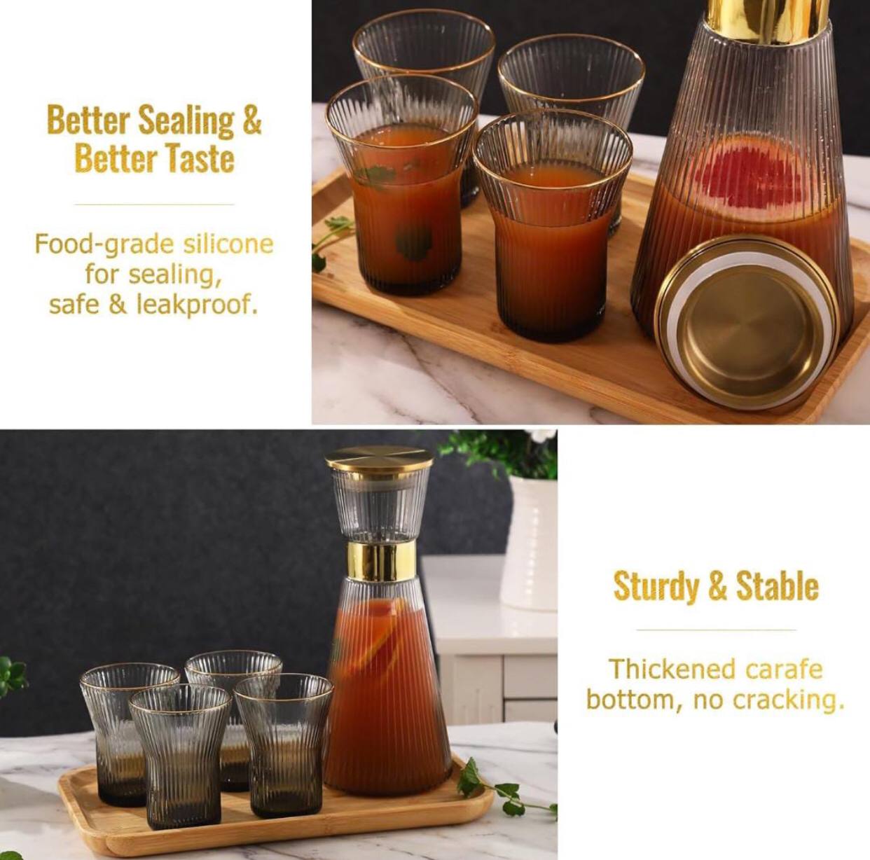 DUJUST Ribbed  Glass Carafe Set