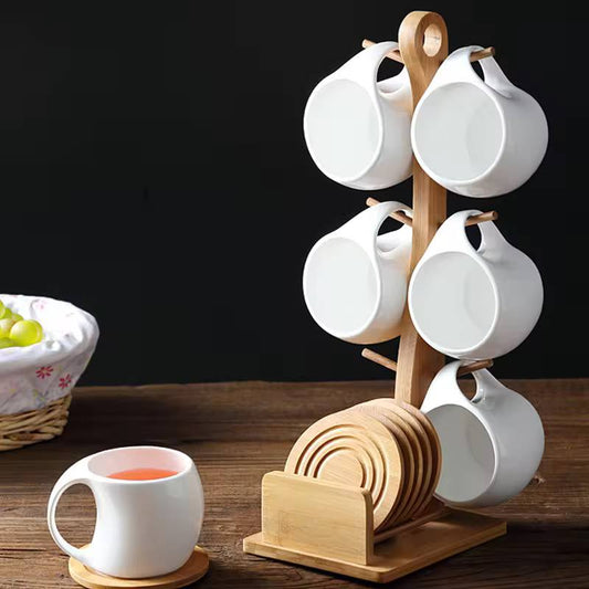 Fashion ceramic 6 cups (200ml) with wooden bamboo stand and 6 bamboo coasters