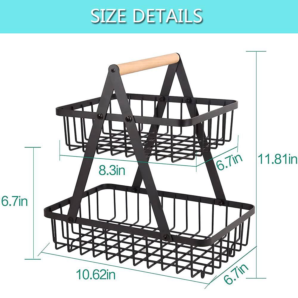 2 Tier Black Metallic Fruit Rack with Wooden Handle
