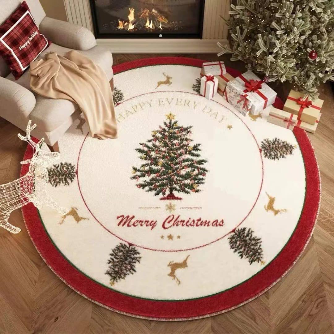Christmas Circular Carpet Washable Anti Slip Carpet New Year Atmosphere Mat Decoration
