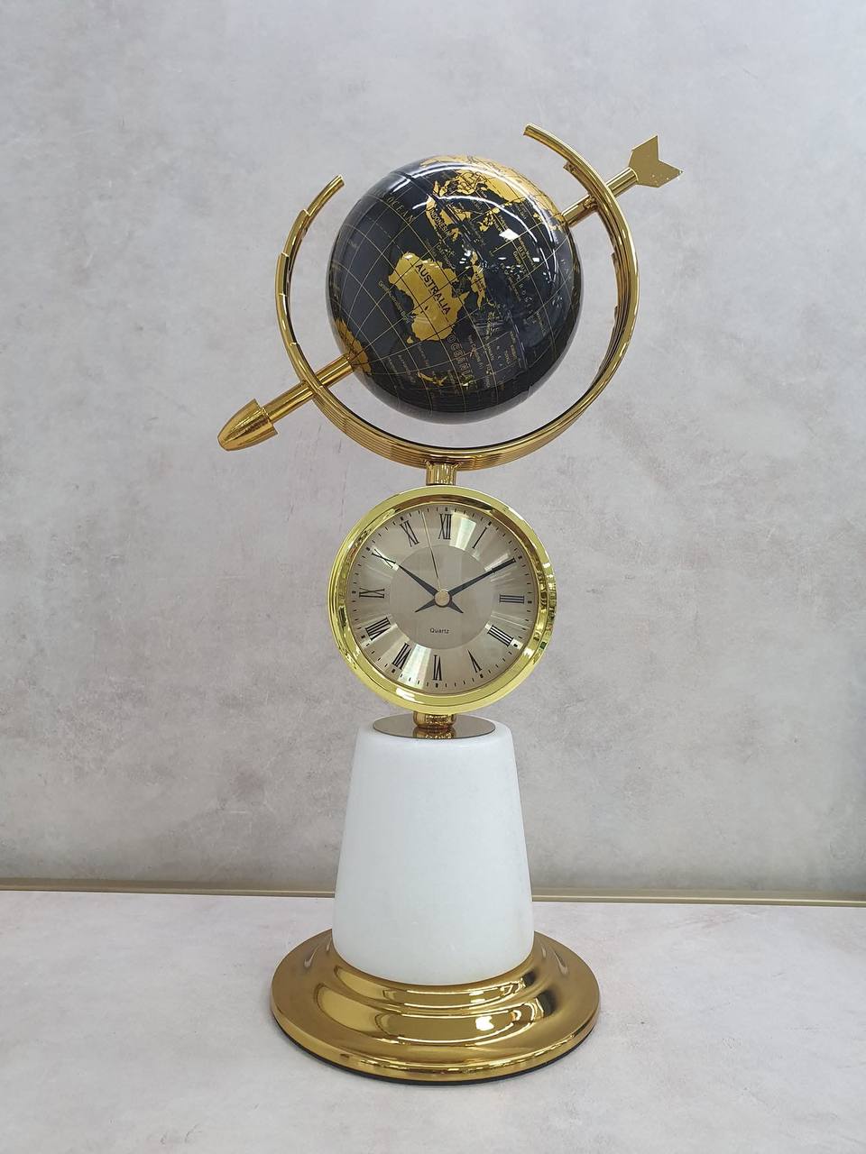 ANTIQUE GLOBE &QUARTZ CLOCK MARBLE BASE