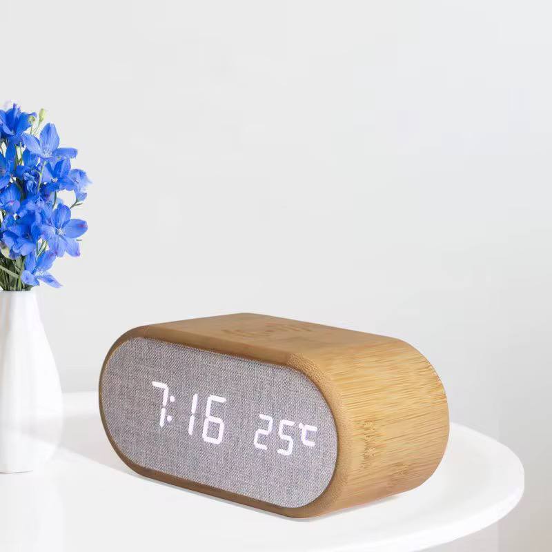 Wooden Digital Alarm Clock with wireless charging display, LED temperature, time &  humidity display