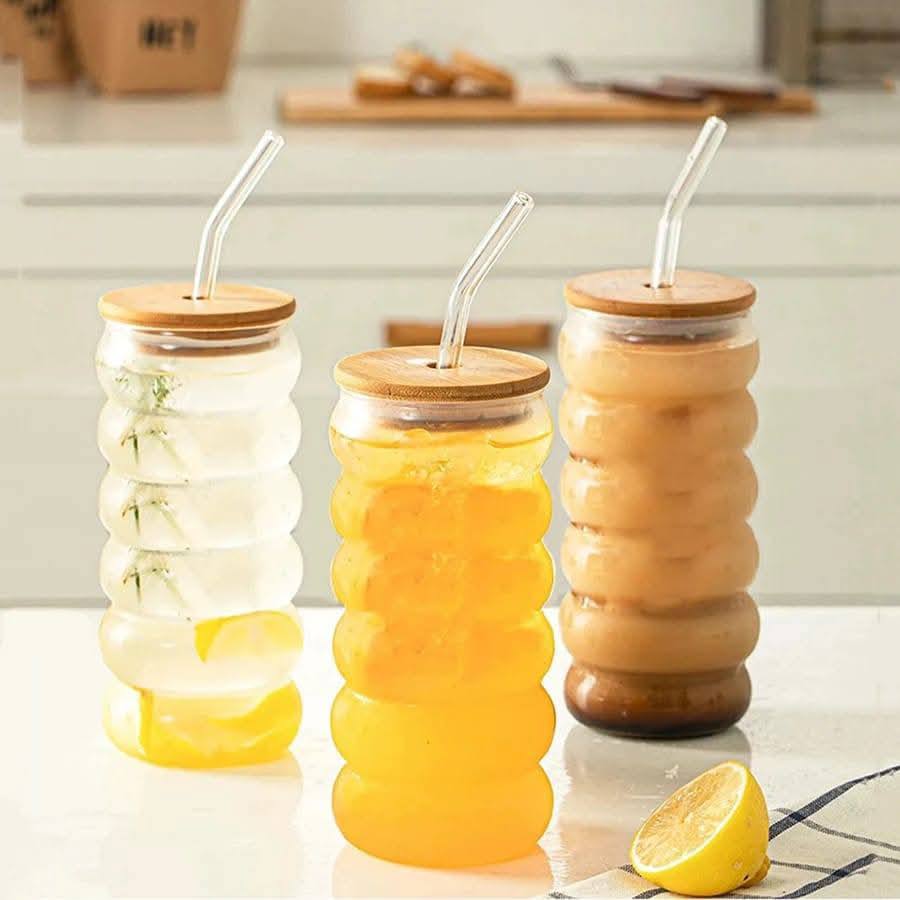 Borosilicate ripple wave glass cup with bamboo lid