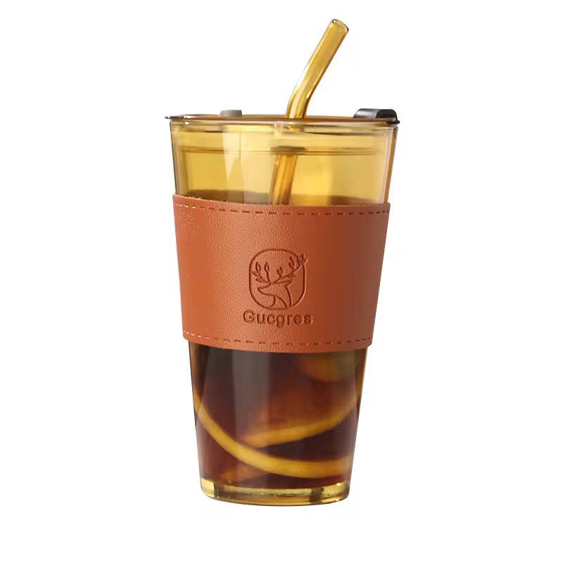 Glass Cups With Cover+Straw+Leather Sleeveand,Reusable Boba Bottle, Iced Coffee Glasses, Travel Tumbler For Bubble Tea