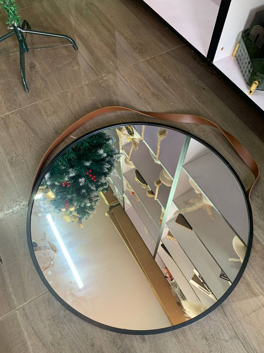 Minimalist Nordic Round  Decorative Mirror With A Leather Strap