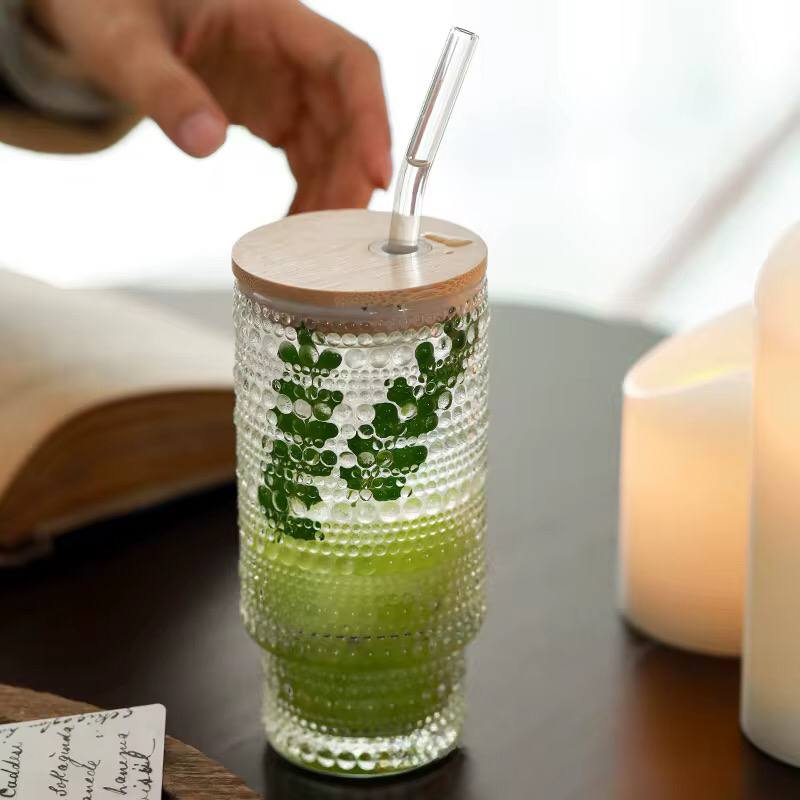 475ml Glass Cups with Lids and Straws, Vintage  Embossed tumbler Glassware for Whiskey Cocktail Beer, Iced Coffee/tea Cups with Lid, Glass Tumbler with Straw and Lid
