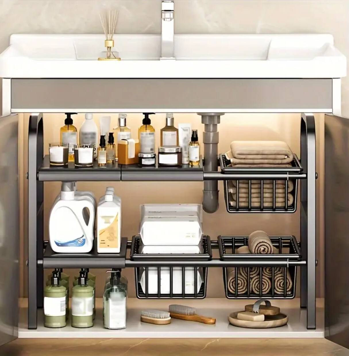 Under the sink adjustable 2 tier rack