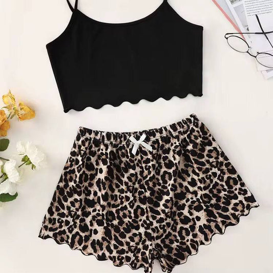 Leopard Print Sling Sleepwear Women's Pajamas Set Sexy Lingerie V-Neck Sleeveless Top and Shorts Sets Pyjamas Homewear