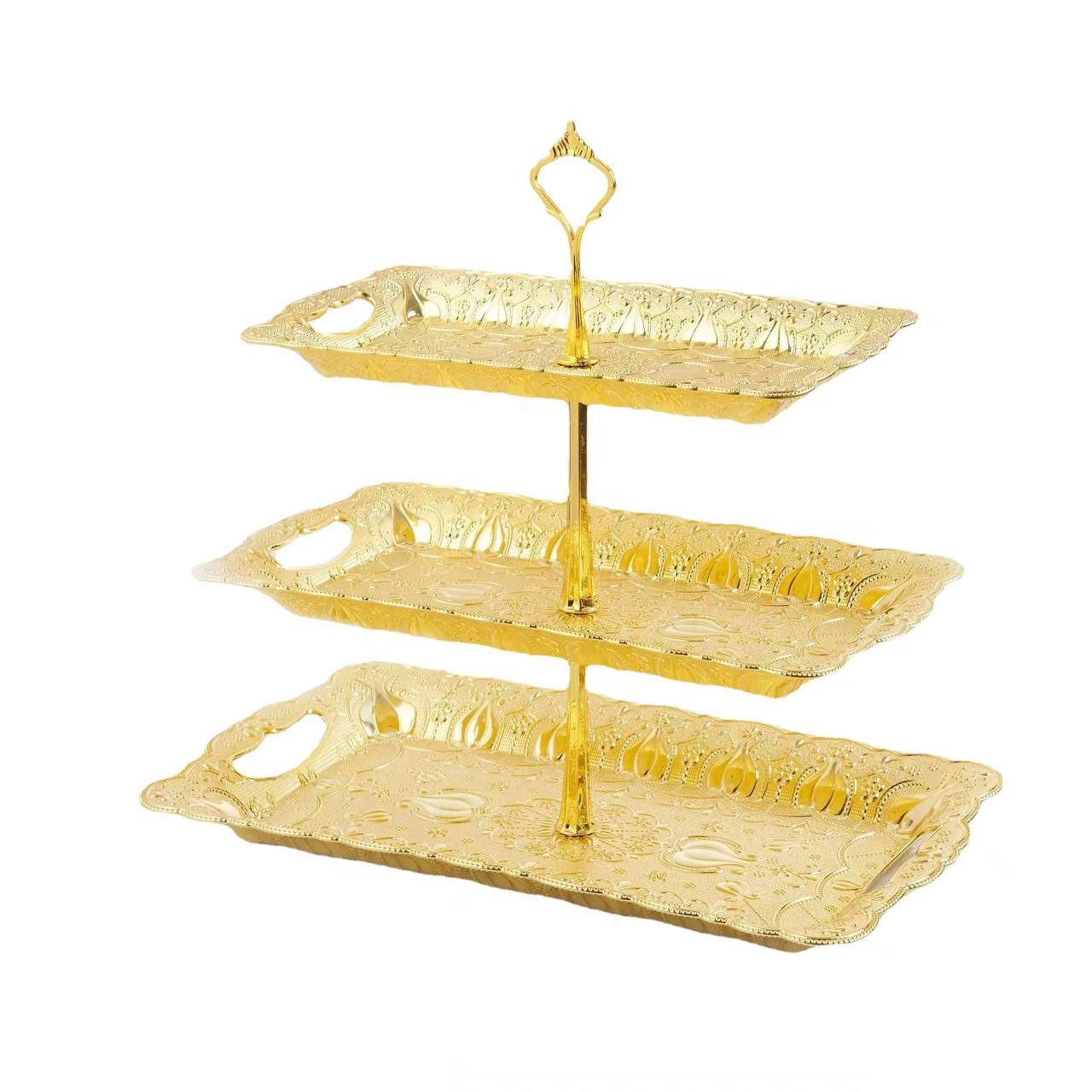 Plastic Cake Stand 3 Layer Rectangle Gold.