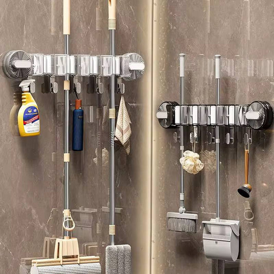4-Holes Multi-Purpose Hooks Mop Hanger / Rack with  Hanging Hooks & Self adhesive Stickers
