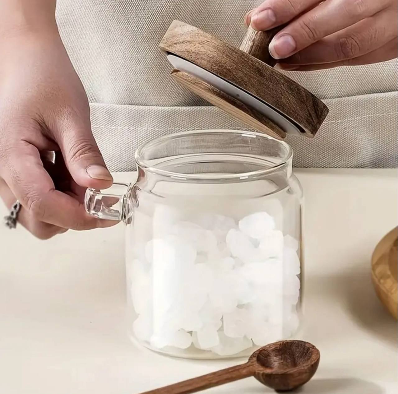 Mulit-purpose Modern Glass Sealed storage Jars with Acacia wood lid and Spoons