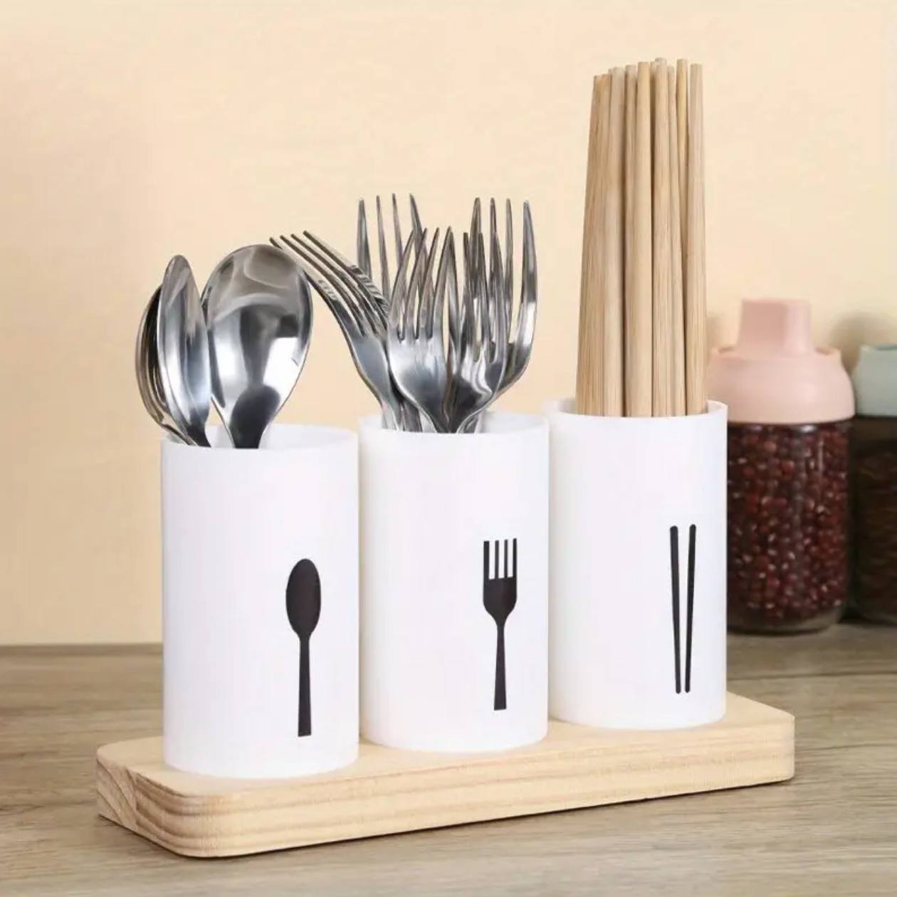 3pc cutlery organizer with oak base