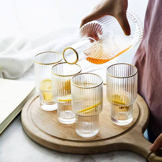 Custom Vertical Decanter with Bamboo lid & 6pcs Highball Glassware with Gold Rim.