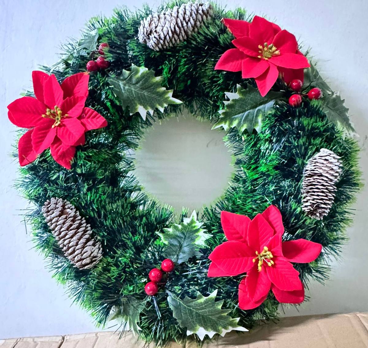 50CM Christmas Wreath for Front Door \ Window with Red Berries, pine artificial garland, corn & flowers