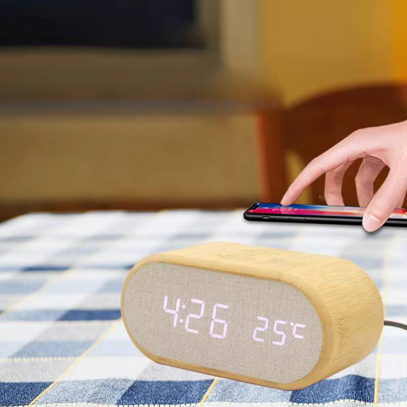 Wooden Digital Alarm Clock with wireless charging display, LED temperature, time &  humidity display