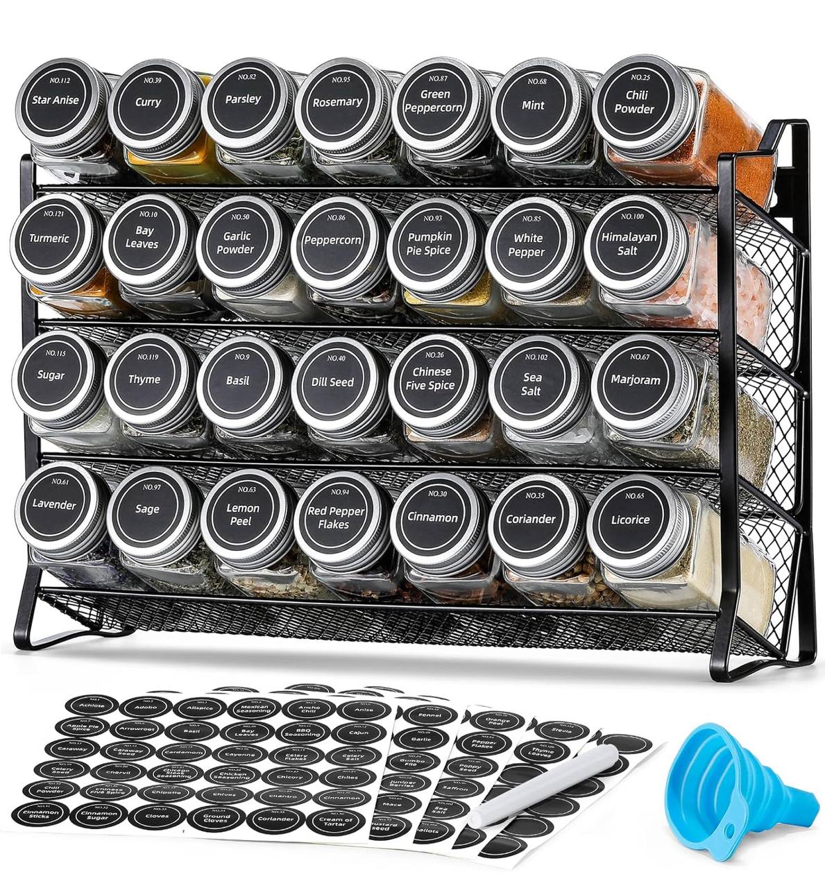 seasoning spice jars with lid and a metallic rack