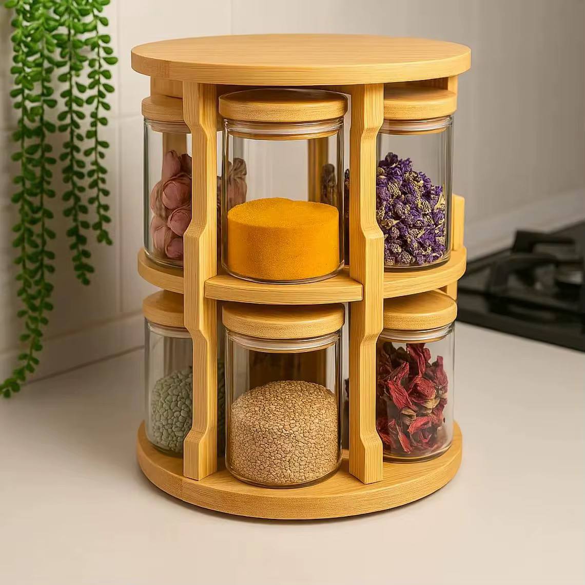 360 Degree Rotating Tabletop Spice Bamboo  Rack